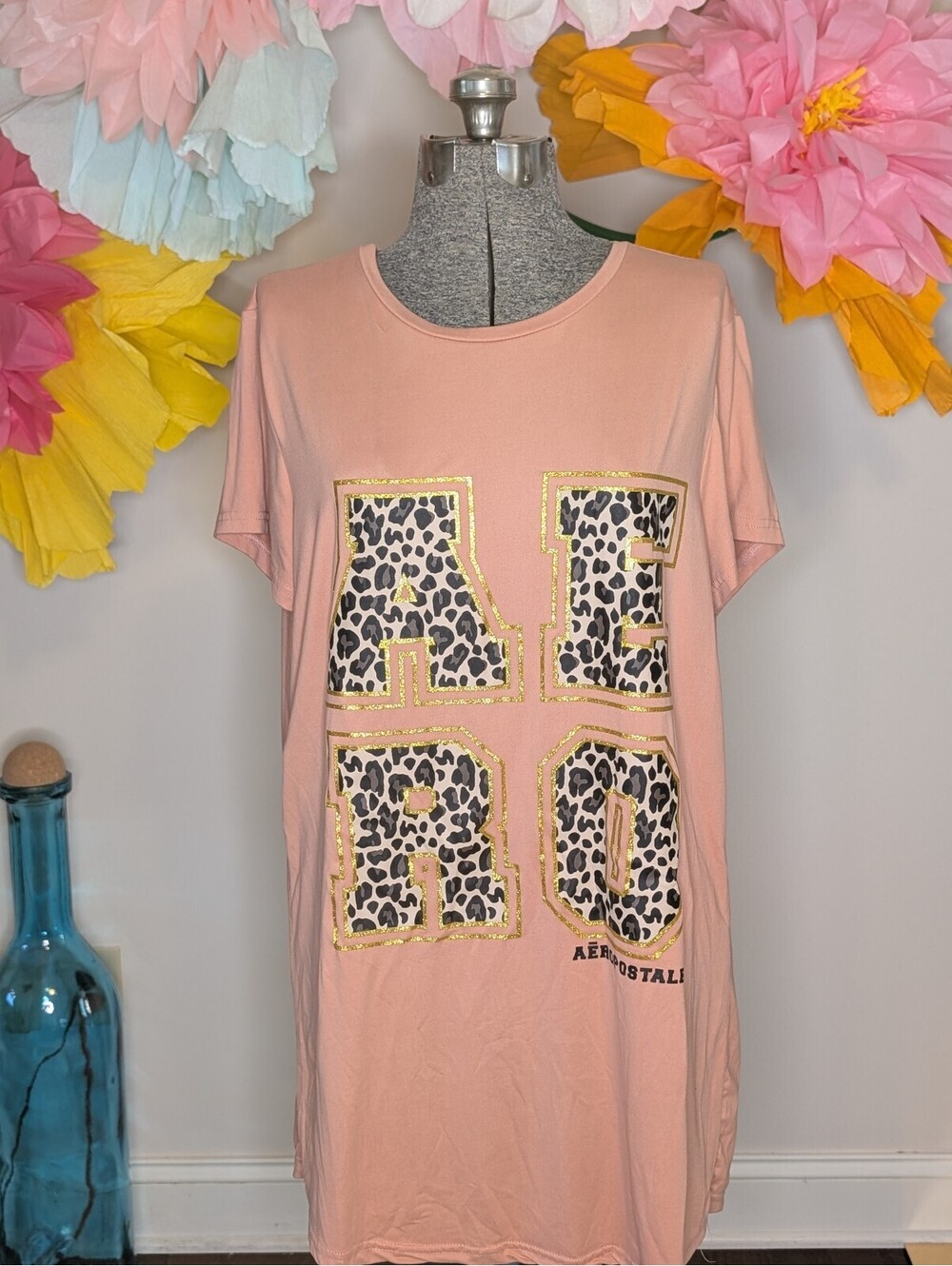 2064 - Aeropostale Pink Leopard Print Graphic T-Shirt Dress Size 1X